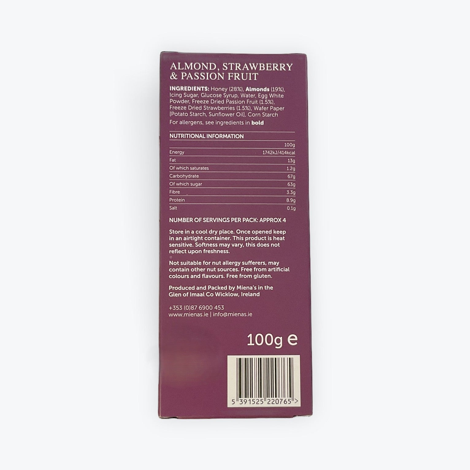 Miena's Strawberry Passionfruit Almond Irish Nougat - 100g Bar