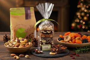 Holiday display of Fastachi nuts, dried fruits, and assorted chocolate bark