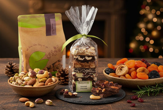Holiday display of Fastachi nuts, dried fruits, and assorted chocolate bark