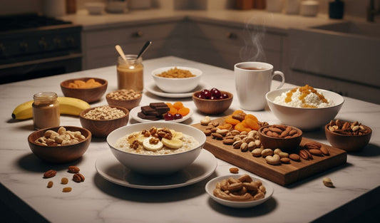 Assorted nuts, fruits, and cereals arranged on a kitchen counter