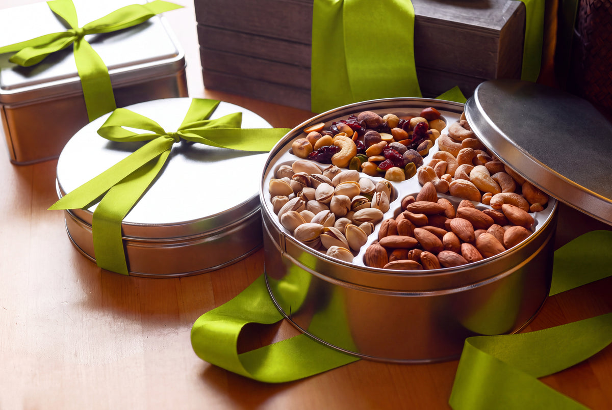 The Reserve Collection opened to reveal hand-roasted nuts and chocolates in silver gift tins