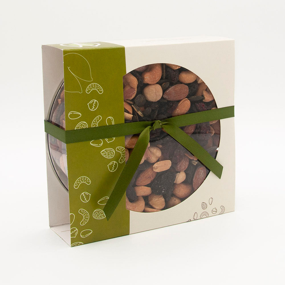 box of dried fruits and nut mix 