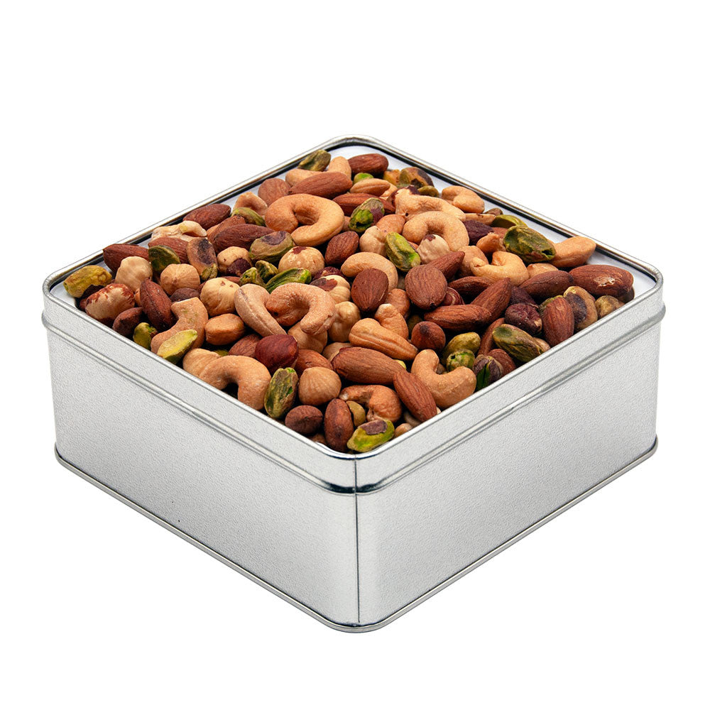 square gift tin of mixed nuts 