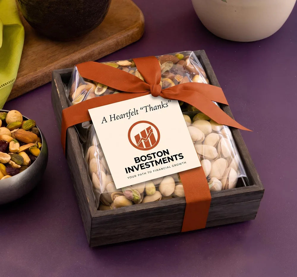 Fastachi gift with a supplied ribbon and company thank-you card